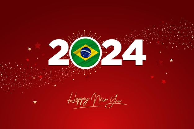 Colorful Happy New Year Festival Design Banner New Year 2024 Logo with Brazilian Flag on RedMaroon