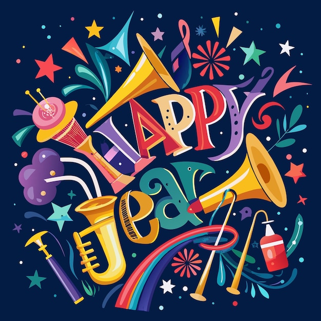 Vector colorful happy new year typography with musical instruments and rainbow on dark blue background