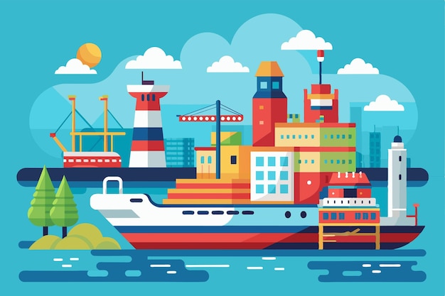 Vector the colorful harbor features cargo ships lighthouses and lively buildings under a sunny sky port customizable flat illustration