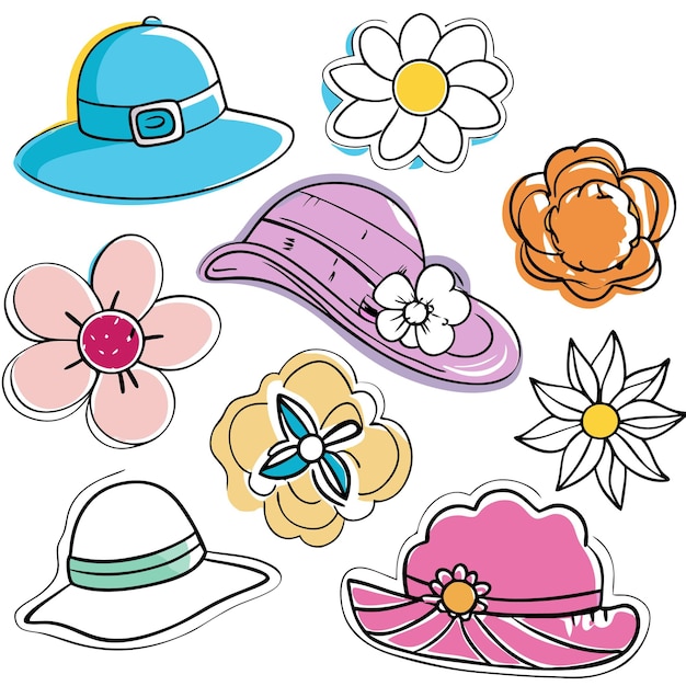 Vector colorful hats and flowers in doodle style