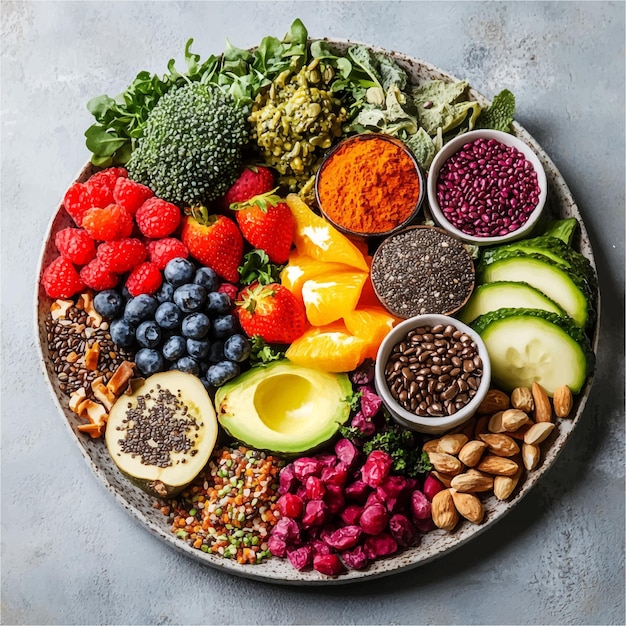 Colorful Healthy Foods on a Plate with Fruits Vegetables Nuts Seeds and Legumes for Balanced Diet