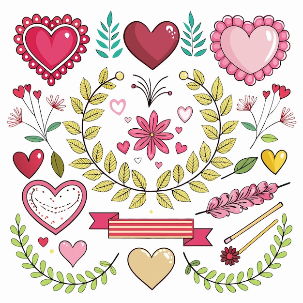 Colorful hearts and floral designs for decoration and crafts