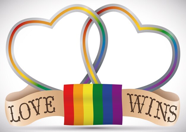 Colorful hearts with rainbow flag and ribbons celebrating the victory of Love