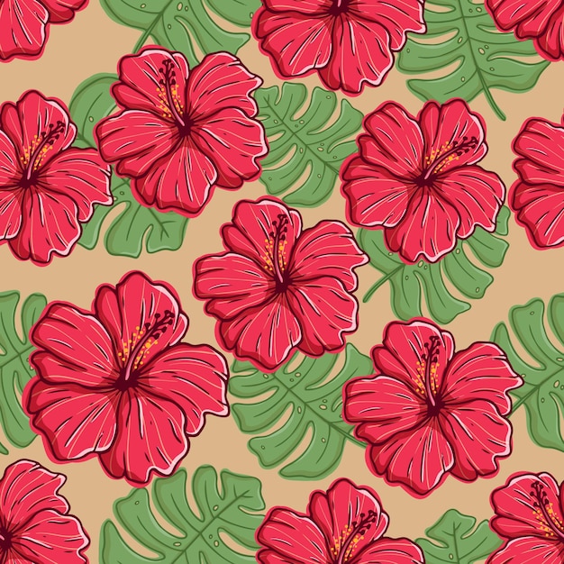 colorful hibiscus flower seamless pattern with hand drawing or sketch style