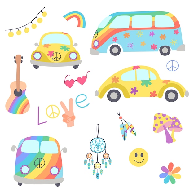 Colorful hippie camper bus, hippie yellow car and symbol peace in boho style.