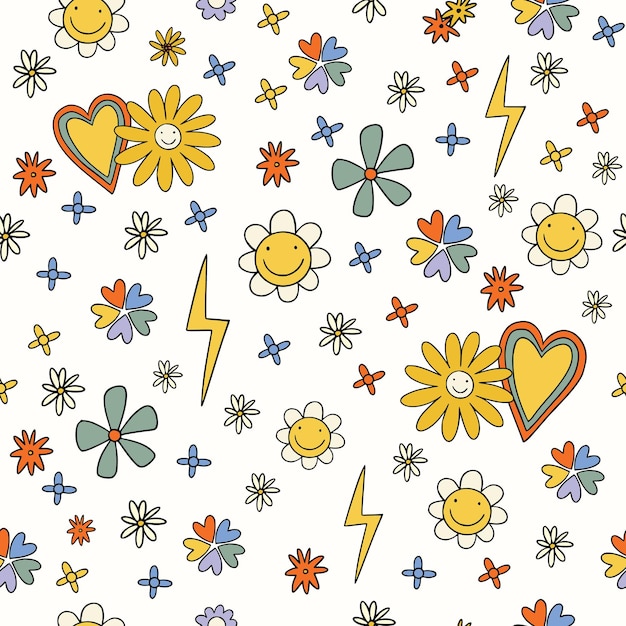 colorful hippie smile flowers pattern, groovy botanical for tetile, paper  in 70s and 80s style