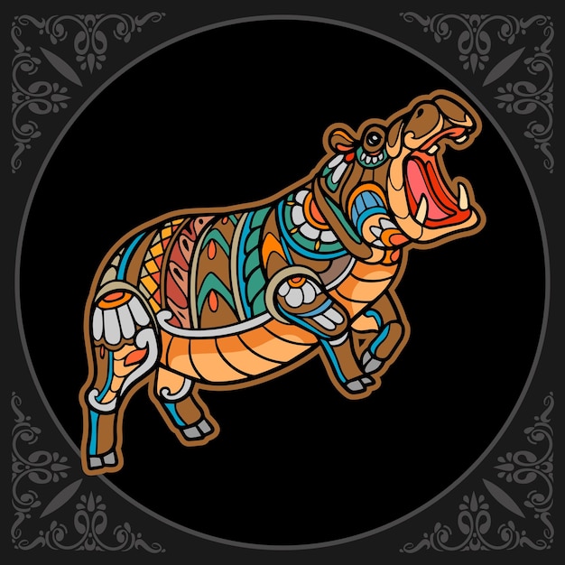 Colorful Hippopotamus zentangle arts isolated on black background