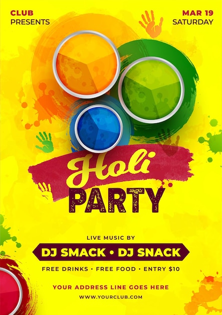 Colorful Holi Celebration Flyer Poster Design with dry colors