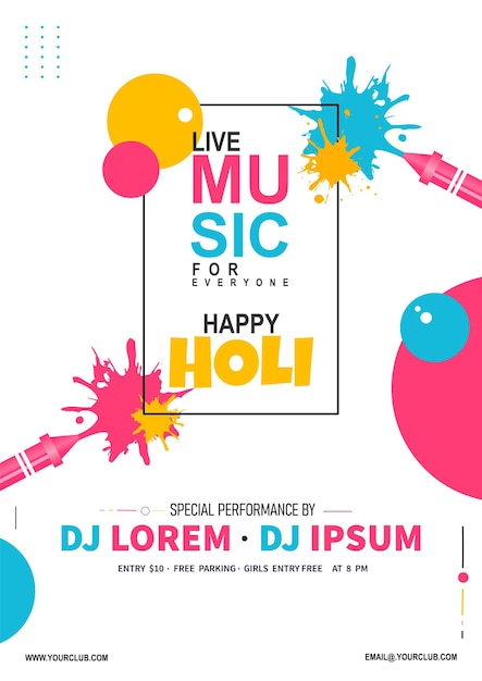 Colorful Holi party flyer design with water color guns on white background