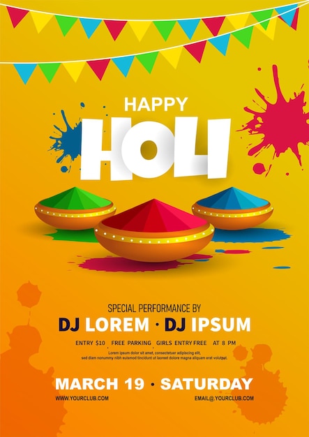 Colorful Holi Party Flyer with different dry colros clay pot on yellow background