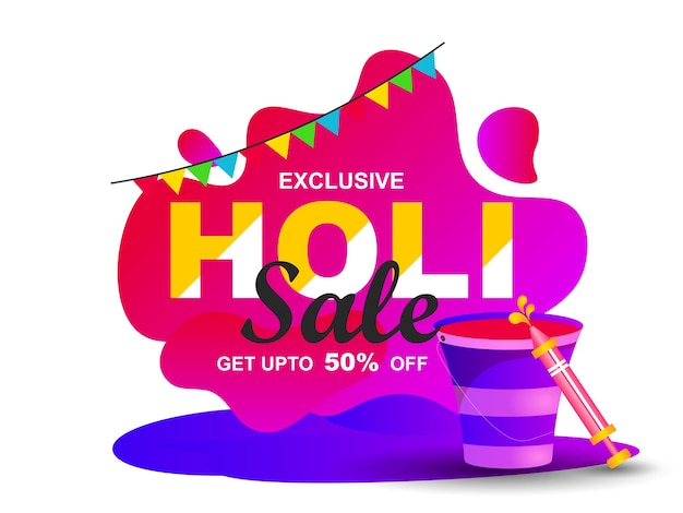 Colorful Holi Sale Vector Illustration with color bucket and water gun on water shaped background