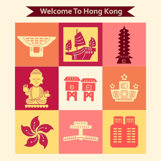 Colorful Hong Kong travel collections in flat style