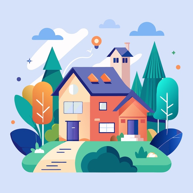 Vector colorful house illustration with a sky clouds and trees