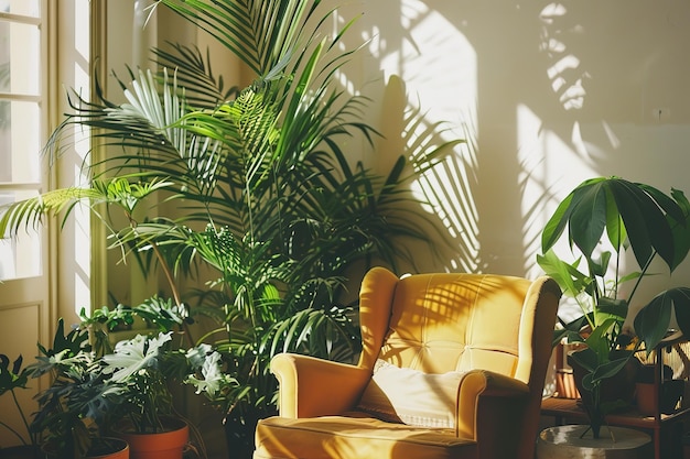 Vector colorful house plants and a brown chair in a living room in the style of light yellow and light