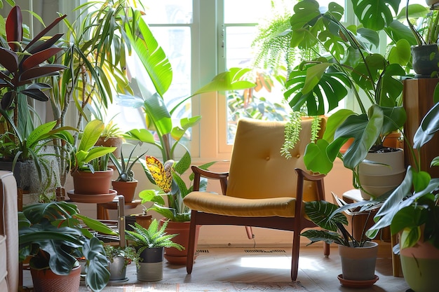 Vector colorful house plants and a brown chair in a living room in the style of light yellow and light