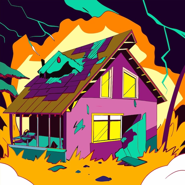 a colorful house with a purple roof and a yellow door that says  the house