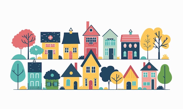 Colorful houses diverse architecture styles sizes trees Quaint suburban neighborhood scene