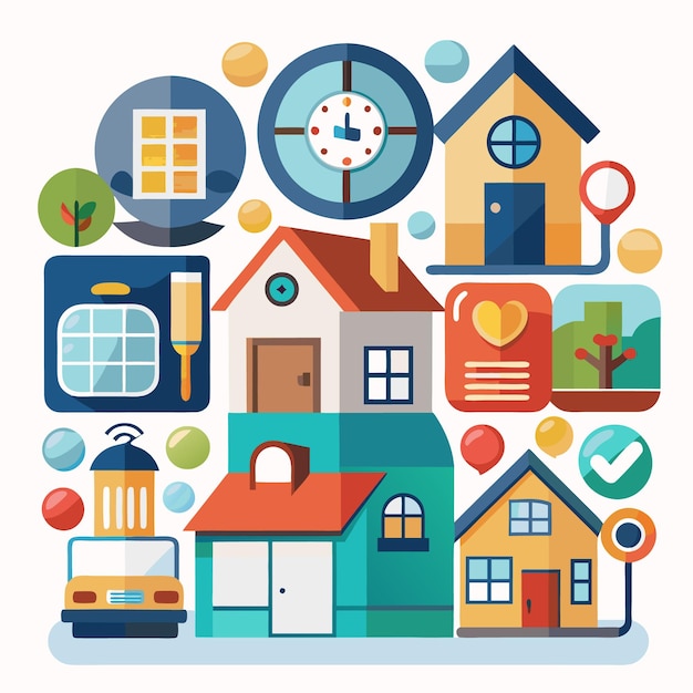 Colorful houses and icons illustration