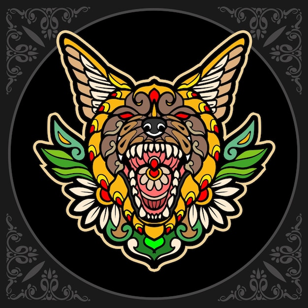 Colorful hyena head mandala arts isolated on black background