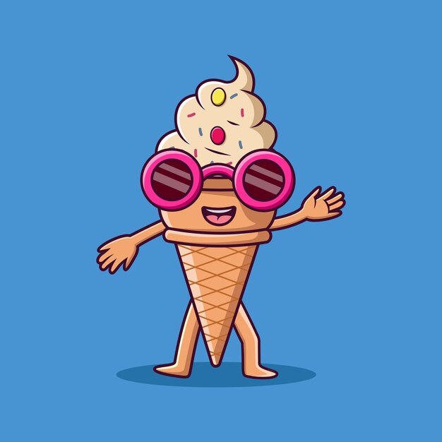 Vector colorful ice cream cartoon character with legs and hands using glasses