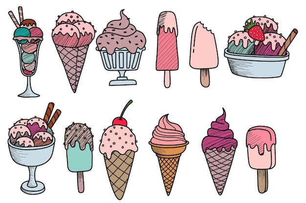 colorful ice cream collection. Doodle sketch style.