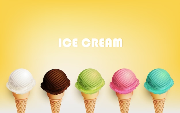 Colorful Ice cream in the cone, Different fruit flavors,  illustration