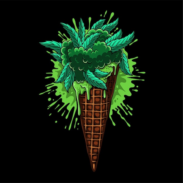 Colorful Ice cream cone shaped with marijuana leaves on top and blotchy background for t shirt