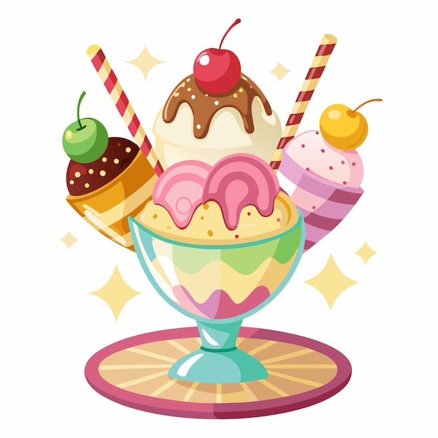 Vector colorful ice cream sundae with cherries and straws