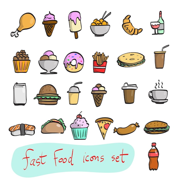 colorful icon set of unhealthy fast food illustration vector hand drawn isolated on white background