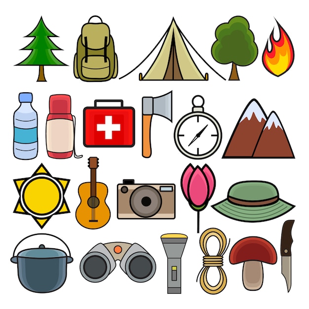 Colorful icons for camping and hiking 