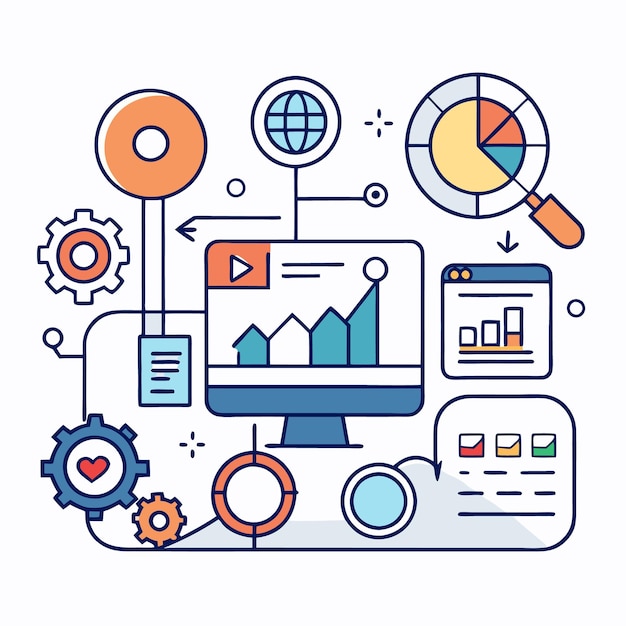 Vector colorful icons connected by lines represent data analytics