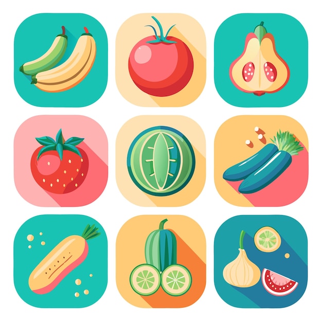 Vector colorful icons of different fruits and vegetables on white background