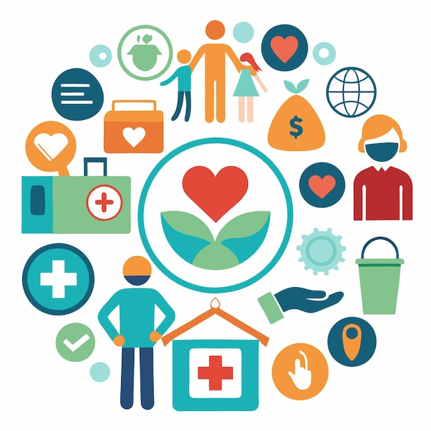 Colorful icons of people hearts medical symbols and money in a circle