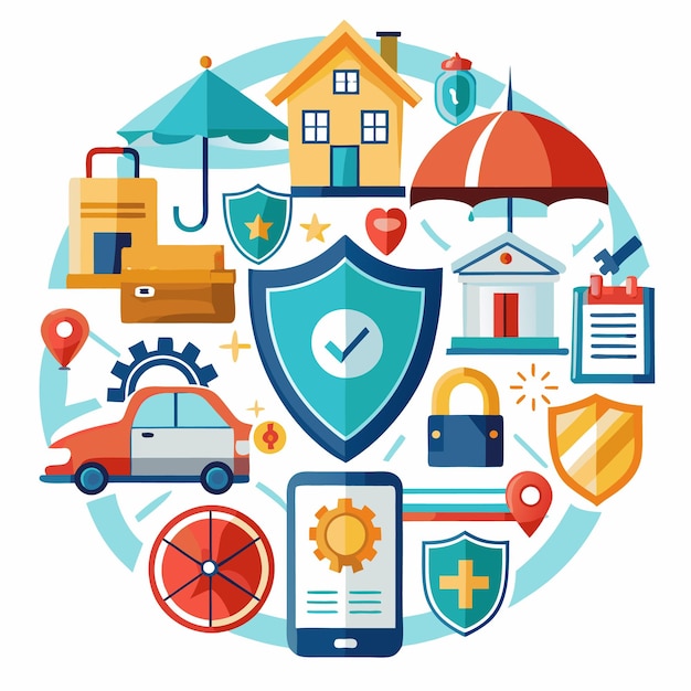 Colorful icons representing security insurance and protection