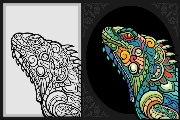 Colorful iguana head zentangle art with black line sketch isolated on black and white background