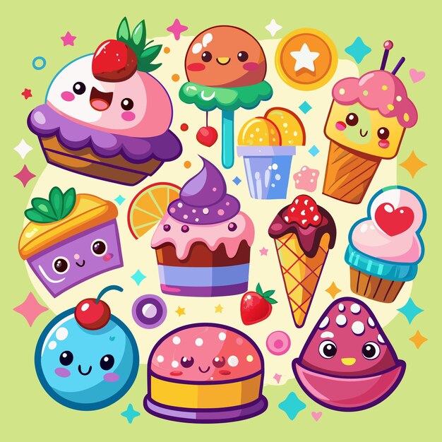 A colorful illustration of 10 different desserts with cute faces including a cupcake ice cream cake and more