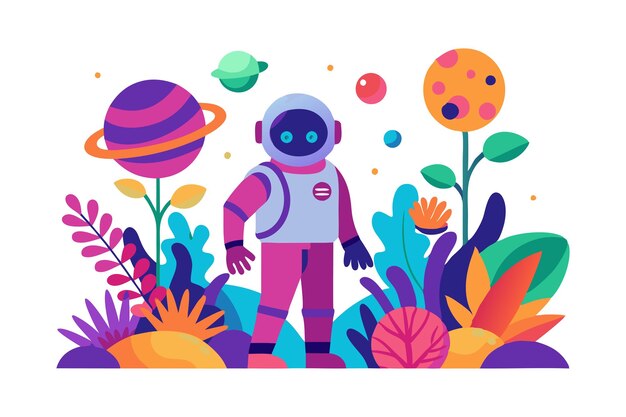 Vector colorful illustration of an astronaut exploring an alien planet with vibrant plants and floating planets