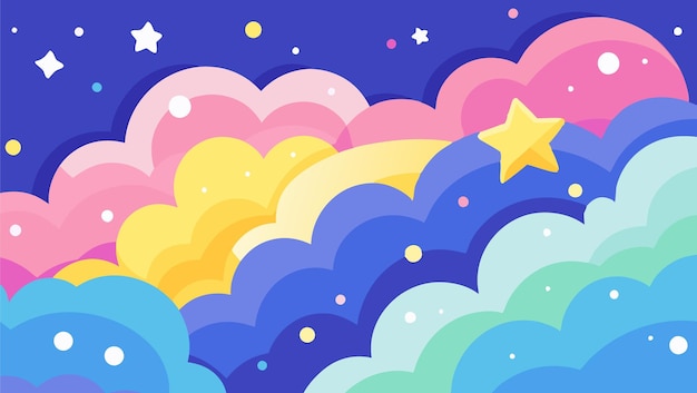 Colorful illustration background with sparkling stars and fluffy clouds vector