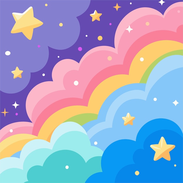 Colorful illustration background with sparkling stars and fluffy clouds vector