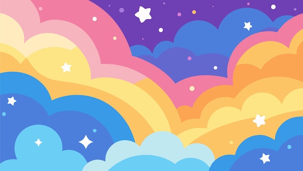 Colorful illustration background with sparkling stars and fluffy clouds vector