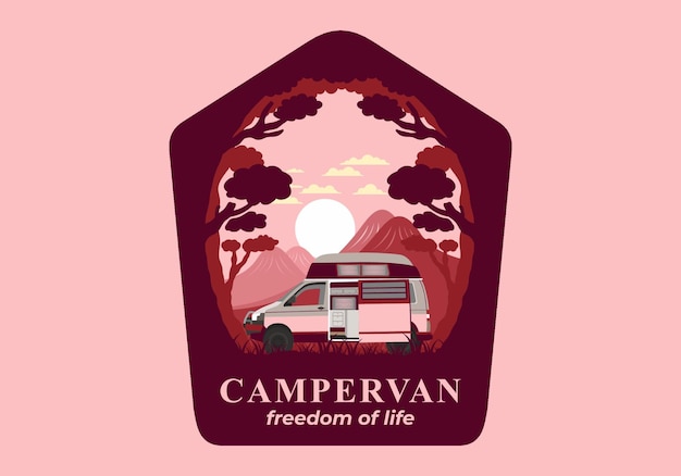 Colorful illustration badge of campervan in nature