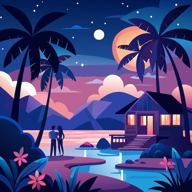 Vector a colorful illustration of a beach house with palm trees and a couple in the foreground