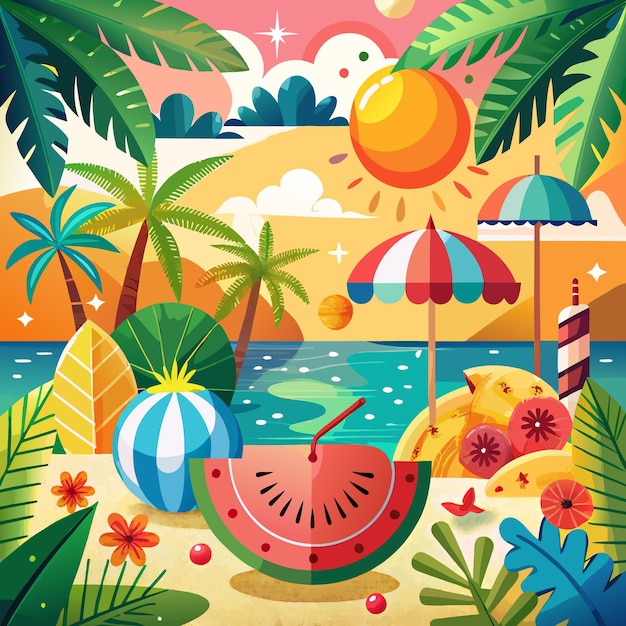 Colorful illustration of a beach scene with palm trees an umbrella a watermelon and a beach ball