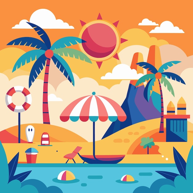 Vector a colorful illustration of a beach with a palm tree an umbrella and a volcano in the background