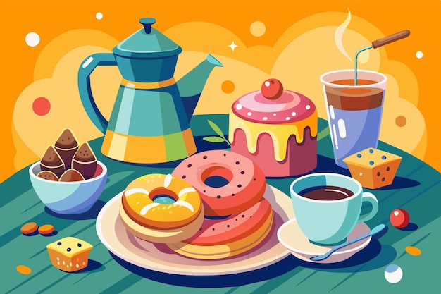 Vector a colorful illustration of a breakfast table set with coffee donuts cake and other treats