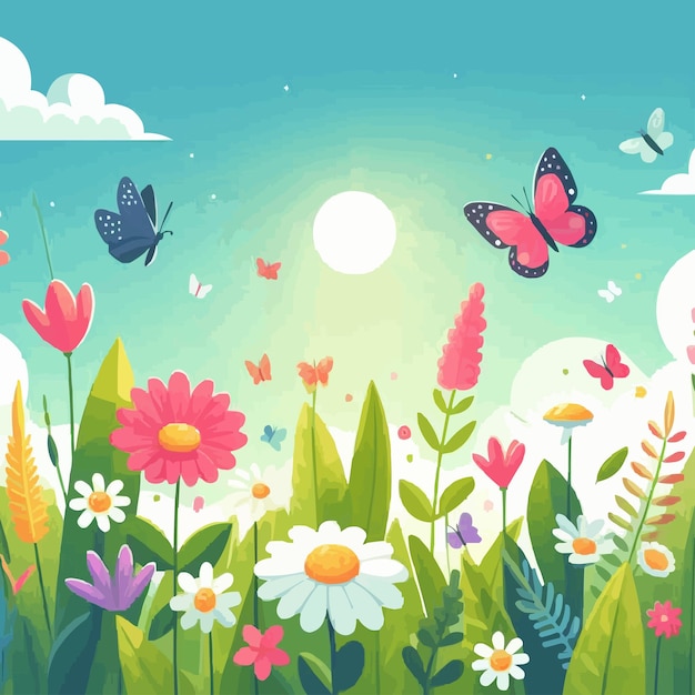 Vector a colorful illustration of butterflies and flowers with a sun in the background