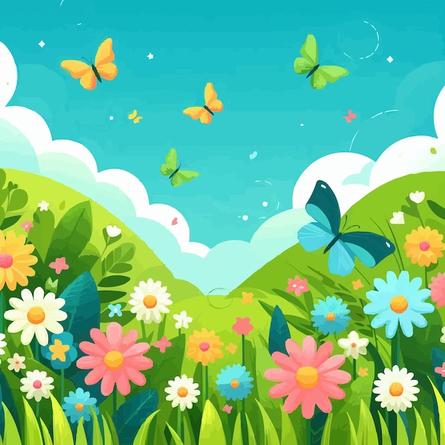 a colorful illustration of butterflies and grass with butterflies on the top