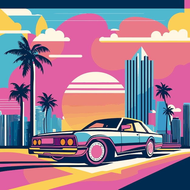 A colorful illustration of a car in a city with palm trees in the background.