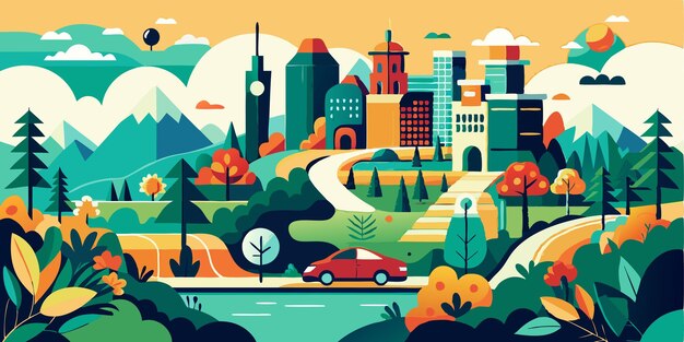 a colorful illustration of a car driving through a city