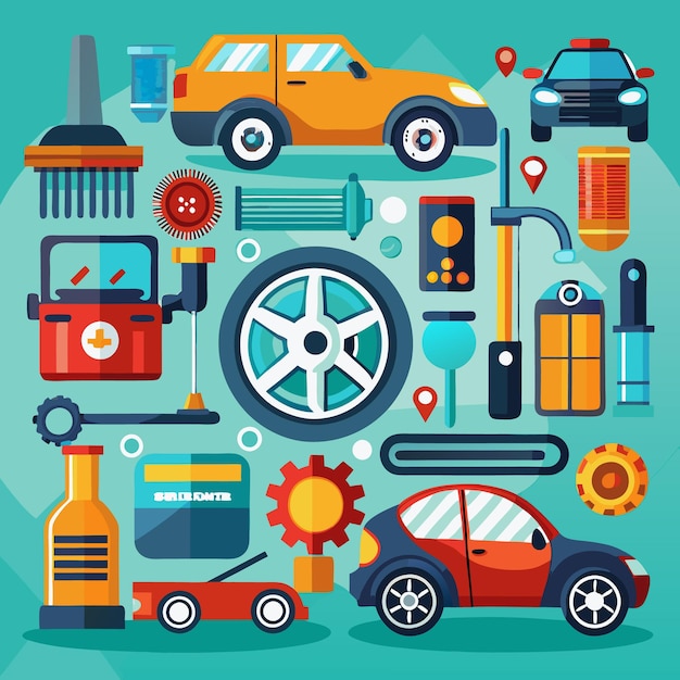 A colorful illustration of a car repair shop